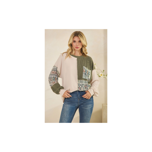 Patchwork Knit Long Sleeve Pullover Top