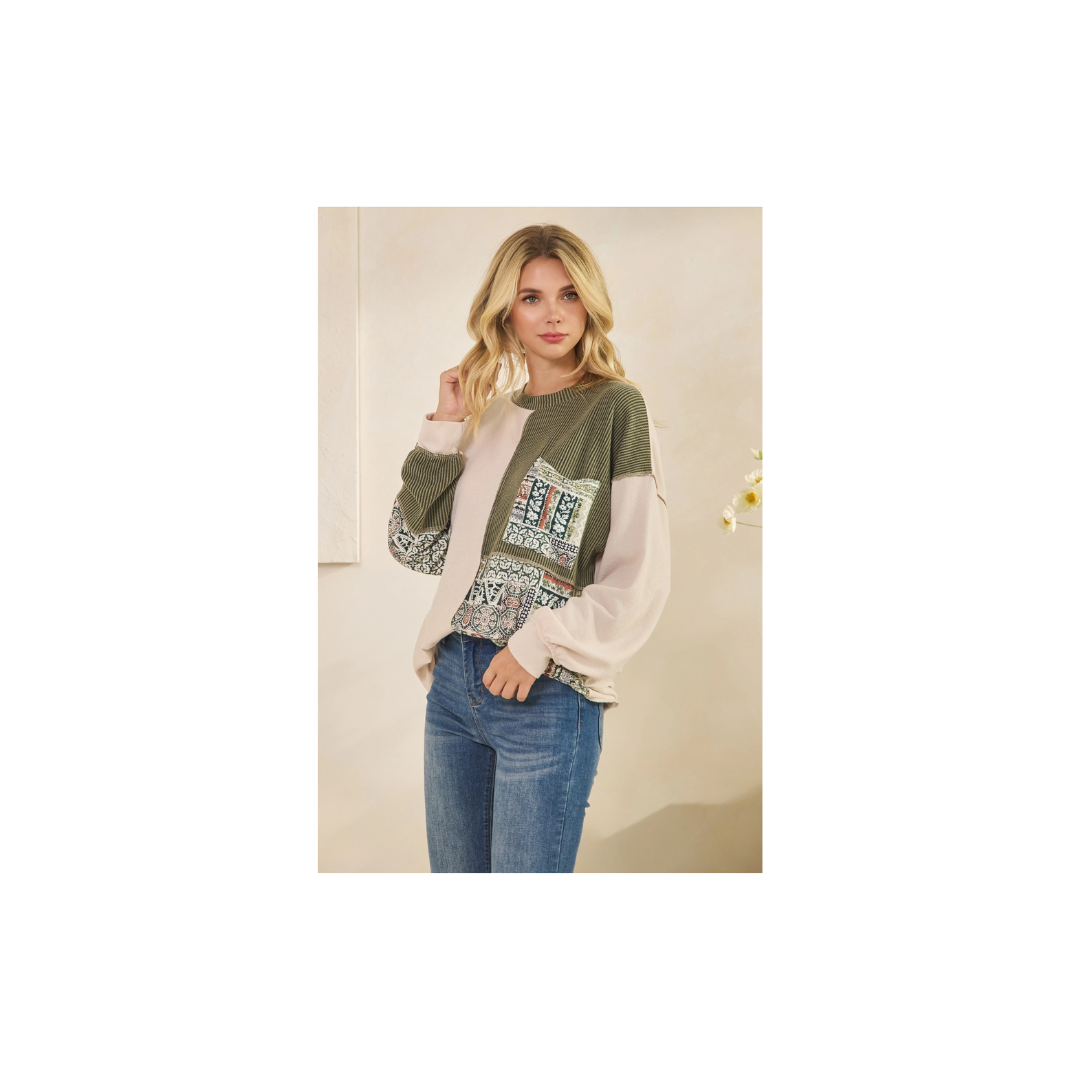 Patchwork Knit Long Sleeve Pullover Top