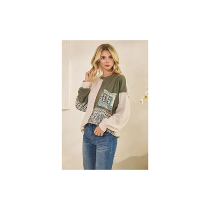 Patchwork Knit Long Sleeve Pullover Top