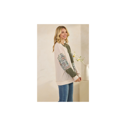 Patchwork Knit Long Sleeve Pullover Top