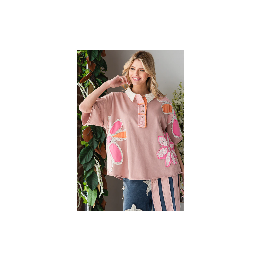 Oli & Hali WASHED FLOWER PATCHWORK COLLARED TOP