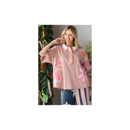 Oli & Hali WASHED FLOWER PATCHWORK COLLARED TOP