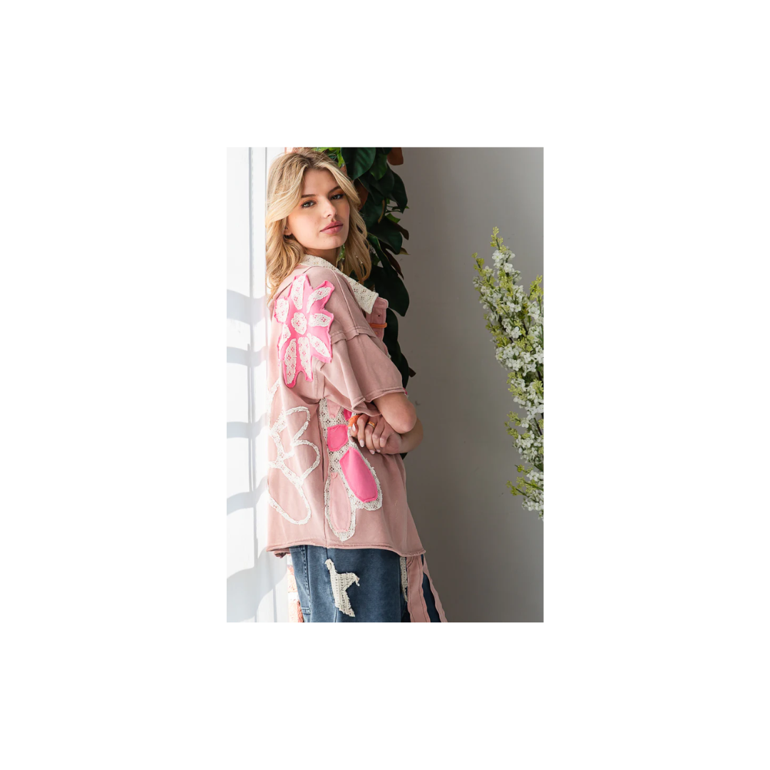 Oli & Hali WASHED FLOWER PATCHWORK COLLARED TOP