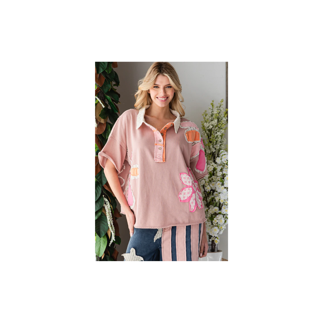 Oli & Hali WASHED FLOWER PATCHWORK COLLARED TOP