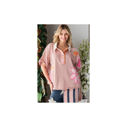 Oli & Hali WASHED FLOWER PATCHWORK COLLARED TOP