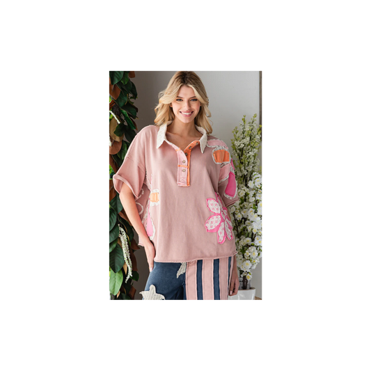 Oli & Hali WASHED FLOWER PATCHWORK COLLARED TOP