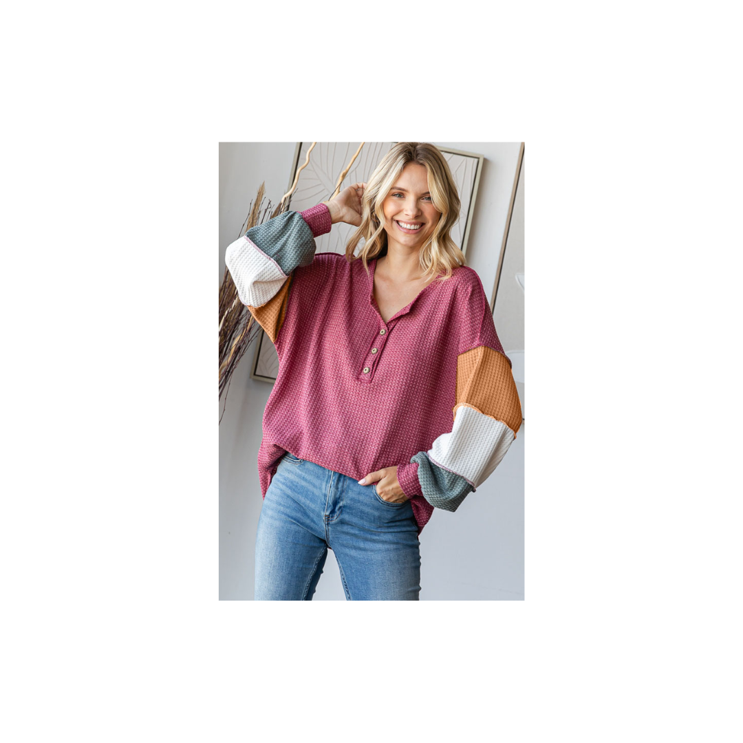 Waffle Knit Color Block Button Front Balloon Sleeve