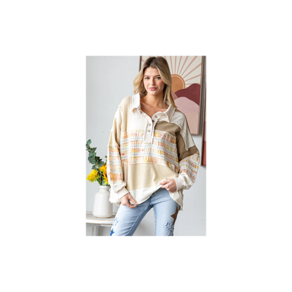 Oli & Hali WASHED MIXED FABRIC BUTTON COLLAR LONG SLEEVE TOP