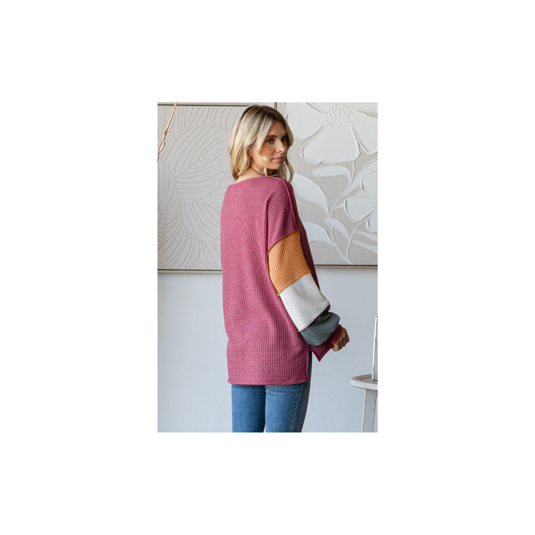 Waffle Knit Color Block Button Front Balloon Sleeve