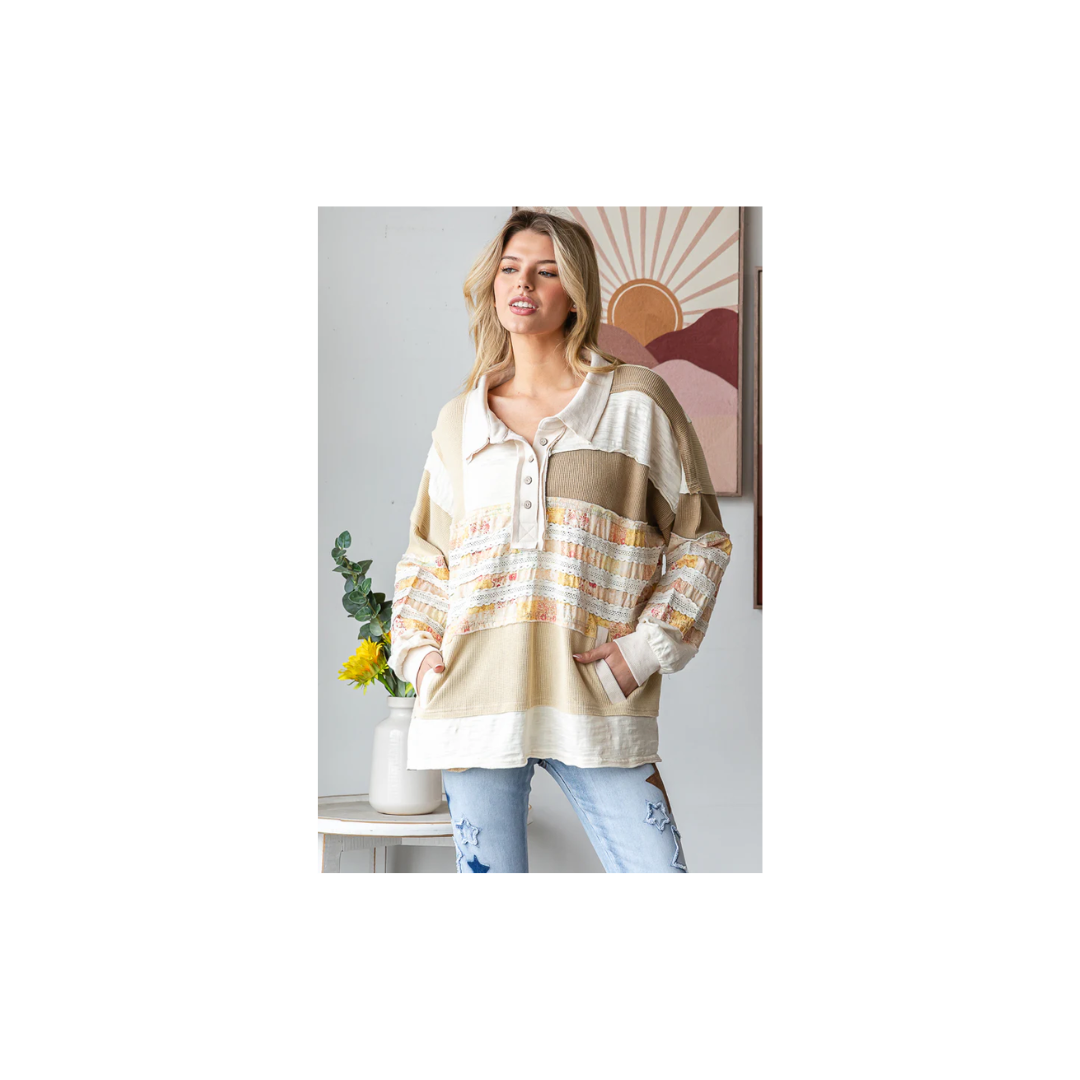 Oli & Hali WASHED MIXED FABRIC BUTTON COLLAR LONG SLEEVE TOP