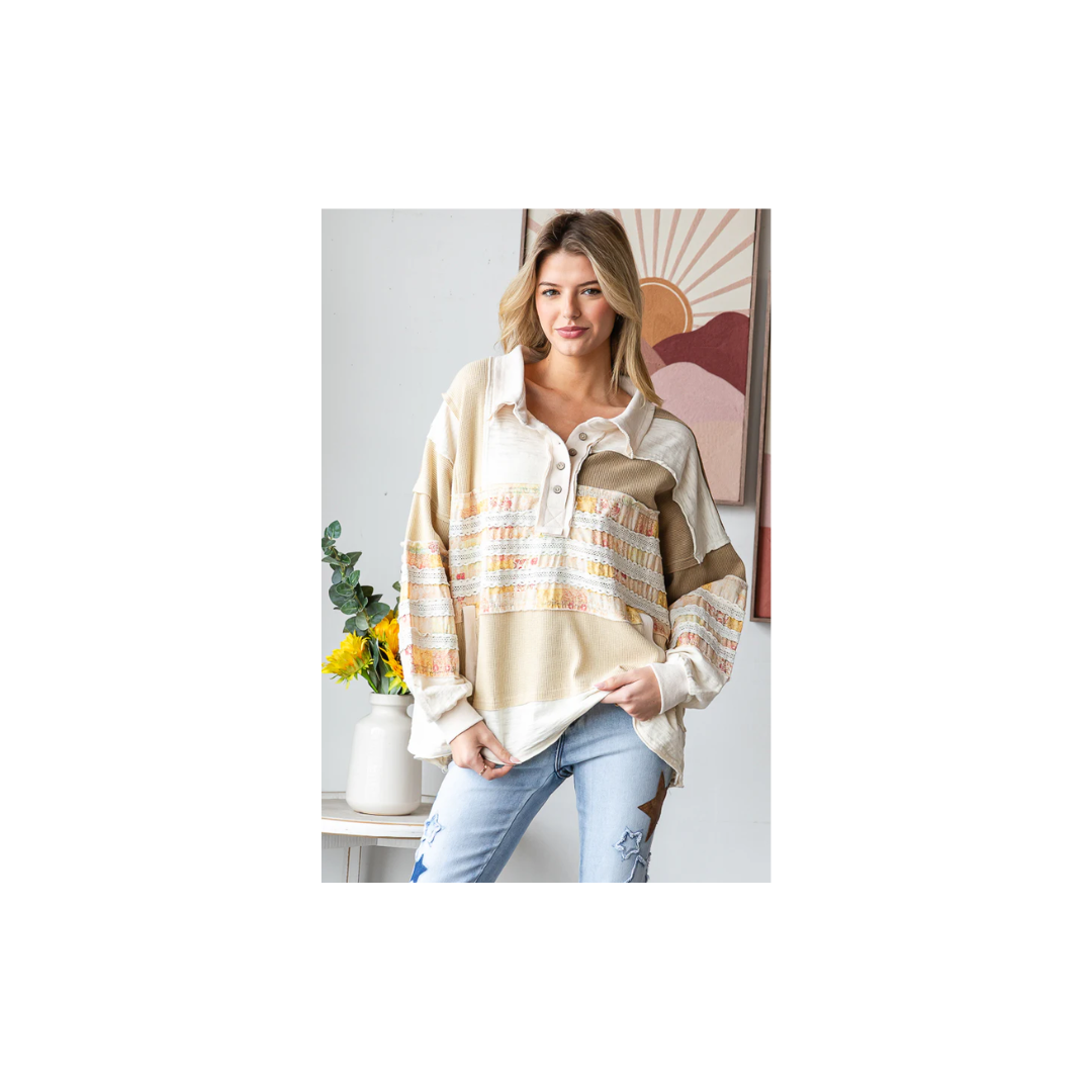 Oli & Hali WASHED MIXED FABRIC BUTTON COLLAR LONG SLEEVE TOP