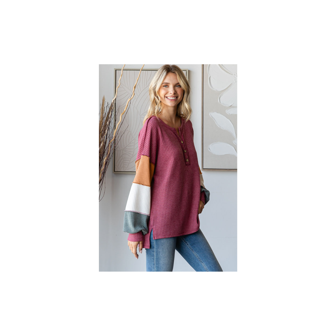 Waffle Knit Color Block Button Front Balloon Sleeve