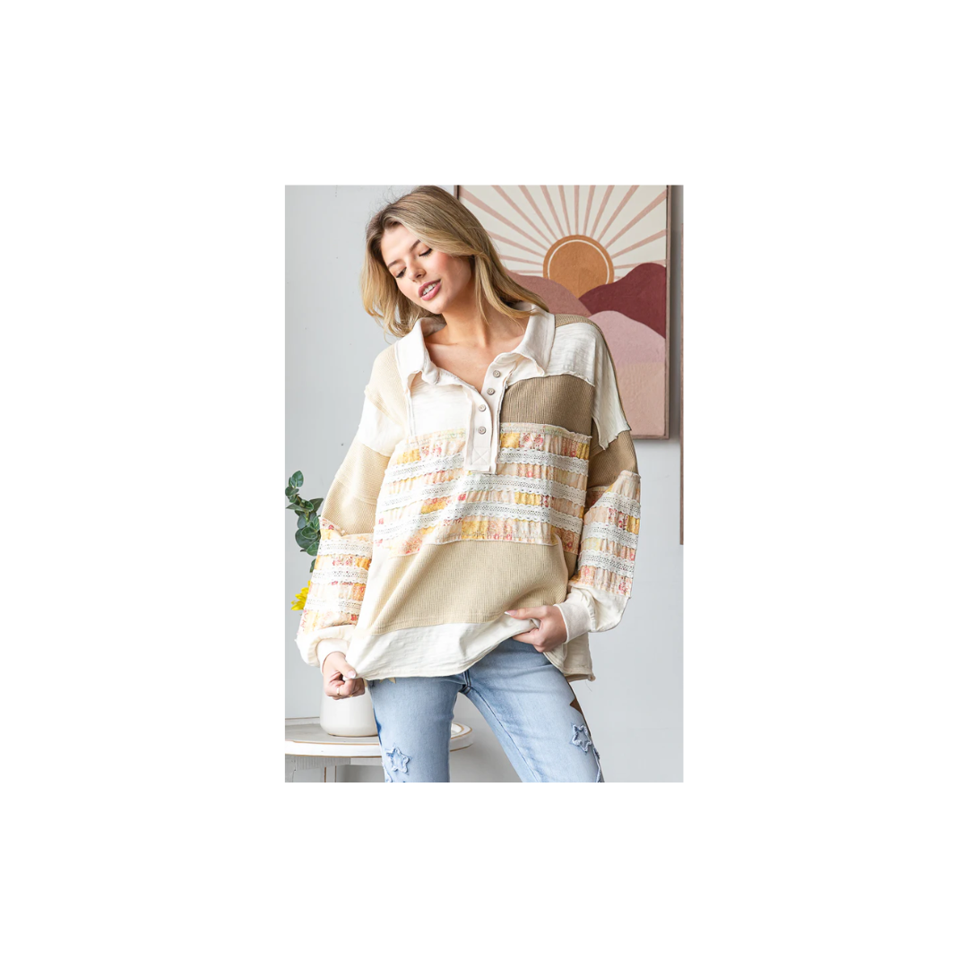 Oli & Hali WASHED MIXED FABRIC BUTTON COLLAR LONG SLEEVE TOP