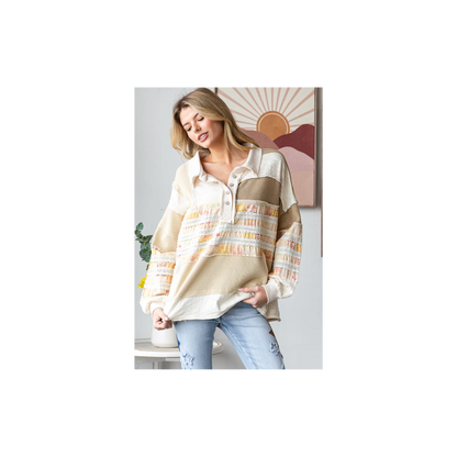 Oli & Hali WASHED MIXED FABRIC BUTTON COLLAR LONG SLEEVE TOP