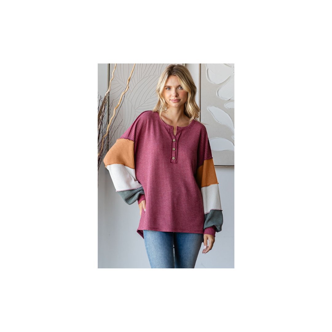 Waffle Knit Color Block Button Front Balloon Sleeve