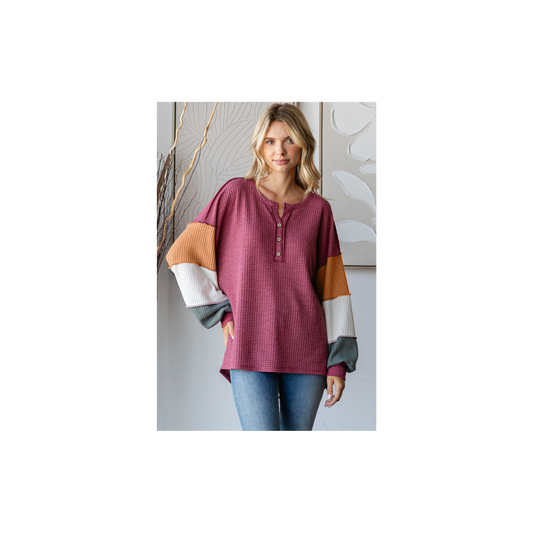 Waffle Knit Color Block Button Front Balloon Sleeve