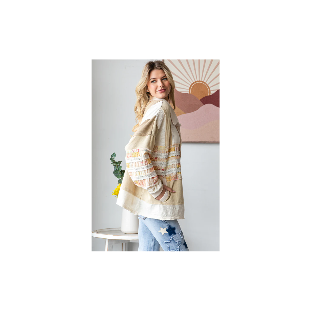 Oli & Hali WASHED MIXED FABRIC BUTTON COLLAR LONG SLEEVE TOP