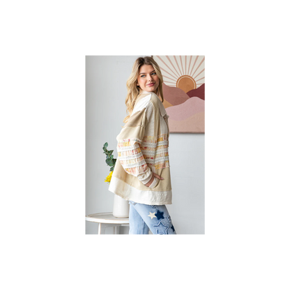 Oli & Hali WASHED MIXED FABRIC BUTTON COLLAR LONG SLEEVE TOP