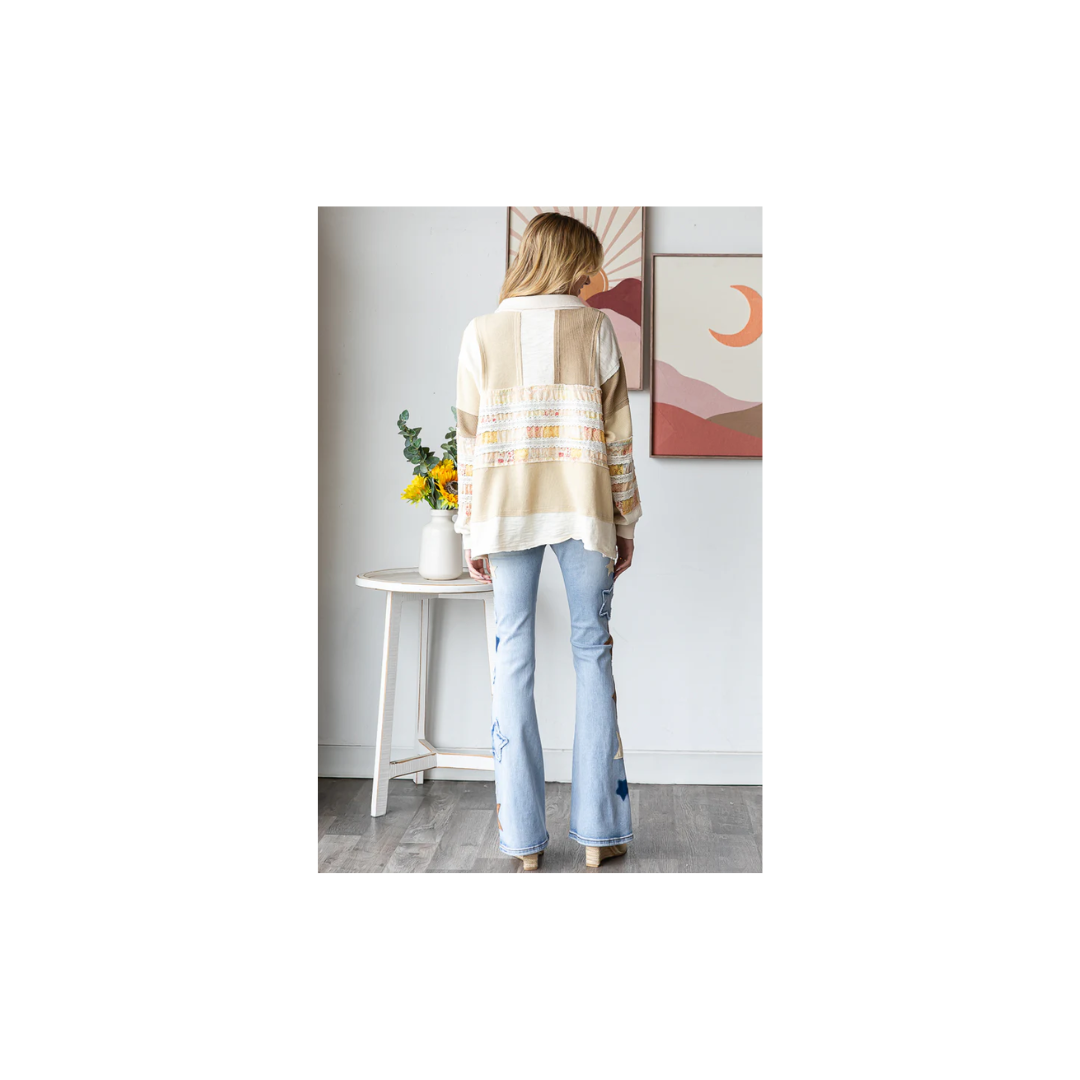 Oli & Hali WASHED MIXED FABRIC BUTTON COLLAR LONG SLEEVE TOP