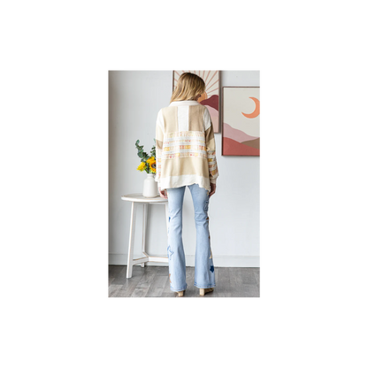 Oli & Hali WASHED MIXED FABRIC BUTTON COLLAR LONG SLEEVE TOP