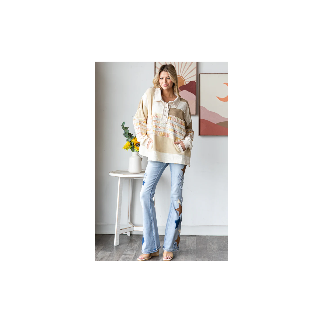 Oli & Hali WASHED MIXED FABRIC BUTTON COLLAR LONG SLEEVE TOP