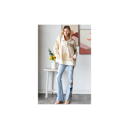 Oli & Hali WASHED MIXED FABRIC BUTTON COLLAR LONG SLEEVE TOP