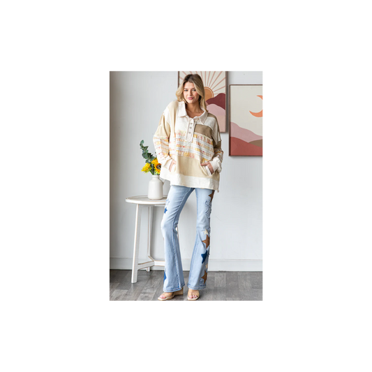 Oli & Hali WASHED MIXED FABRIC BUTTON COLLAR LONG SLEEVE TOP