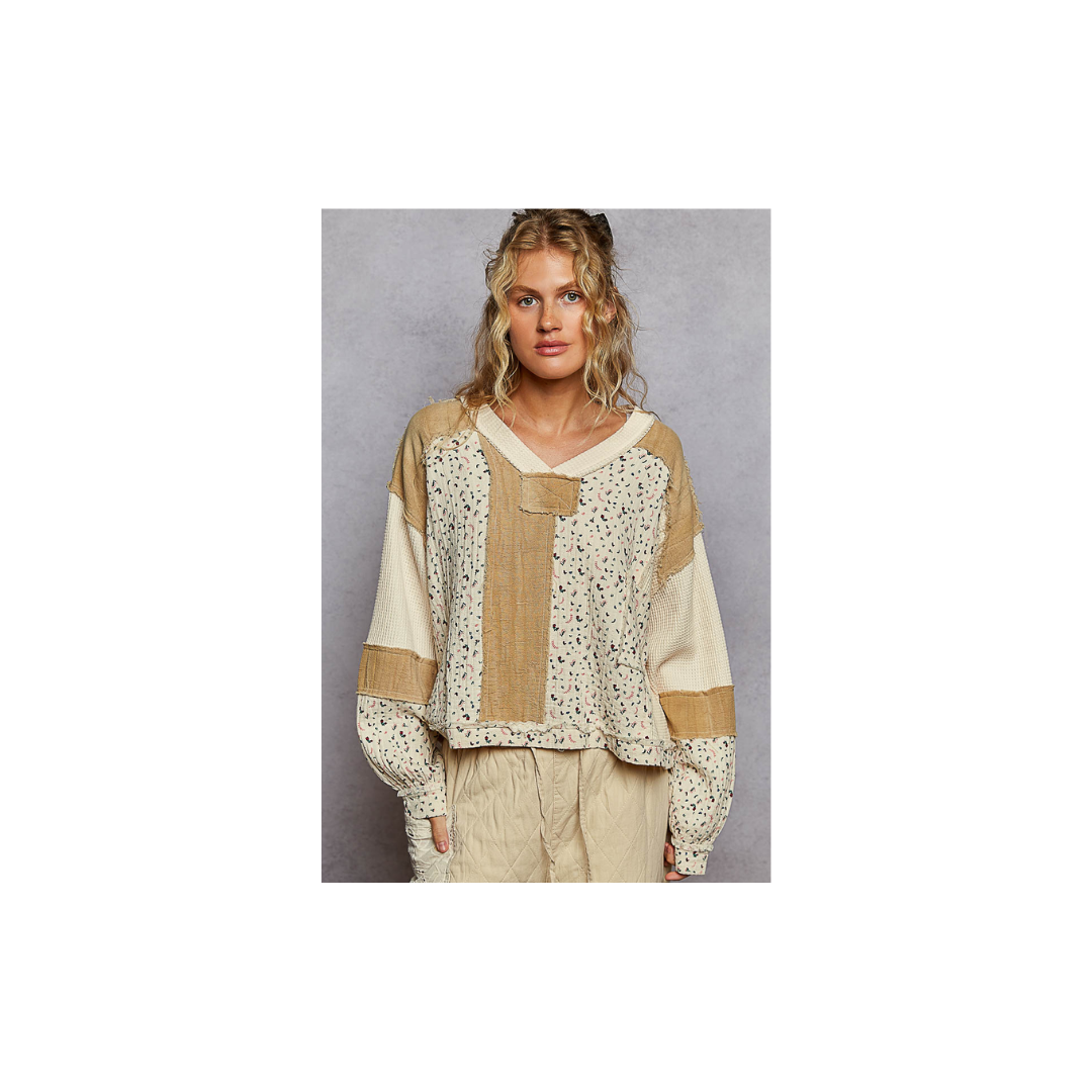 POL Long Sleeve Printed Double Gauze Woven Contrast Knit Top