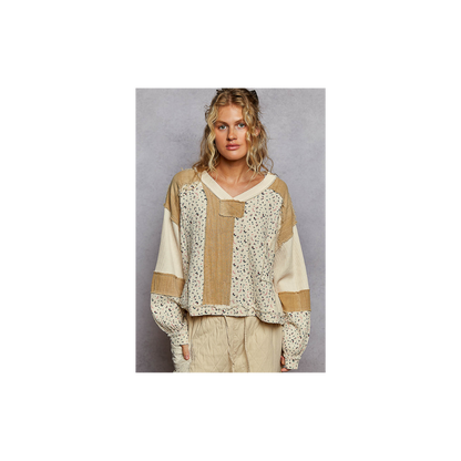 POL Long Sleeve Printed Double Gauze Woven Contrast Knit Top