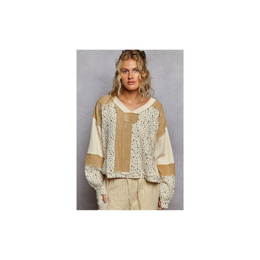 POL Long Sleeve Printed Double Gauze Woven Contrast Knit Top