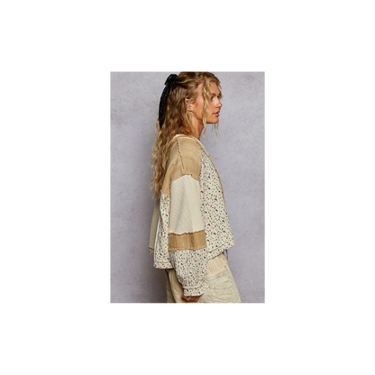 POL Long Sleeve Printed Double Gauze Woven Contrast Knit Top