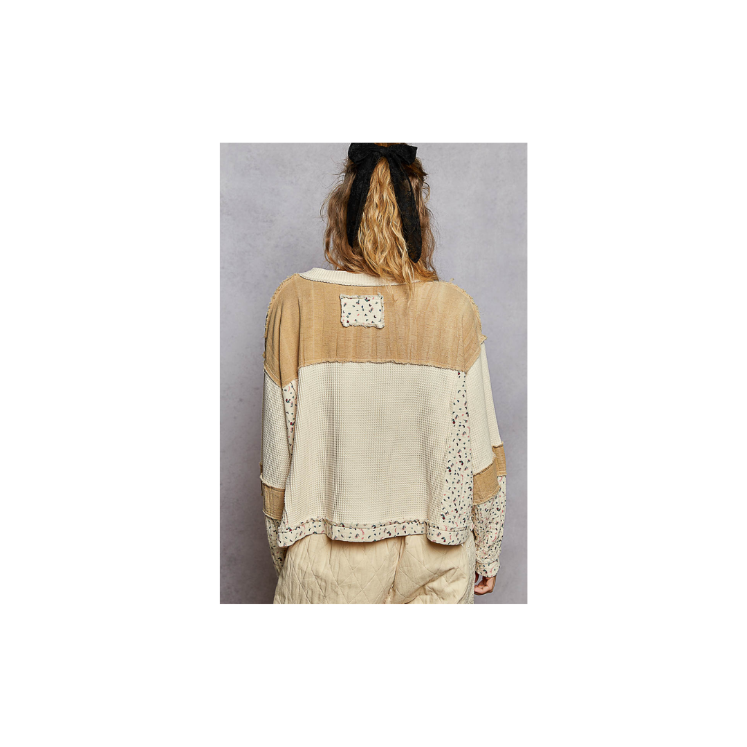 POL Long Sleeve Printed Double Gauze Woven Contrast Knit Top