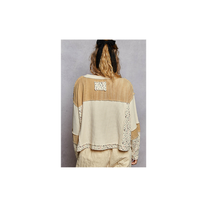 POL Long Sleeve Printed Double Gauze Woven Contrast Knit Top