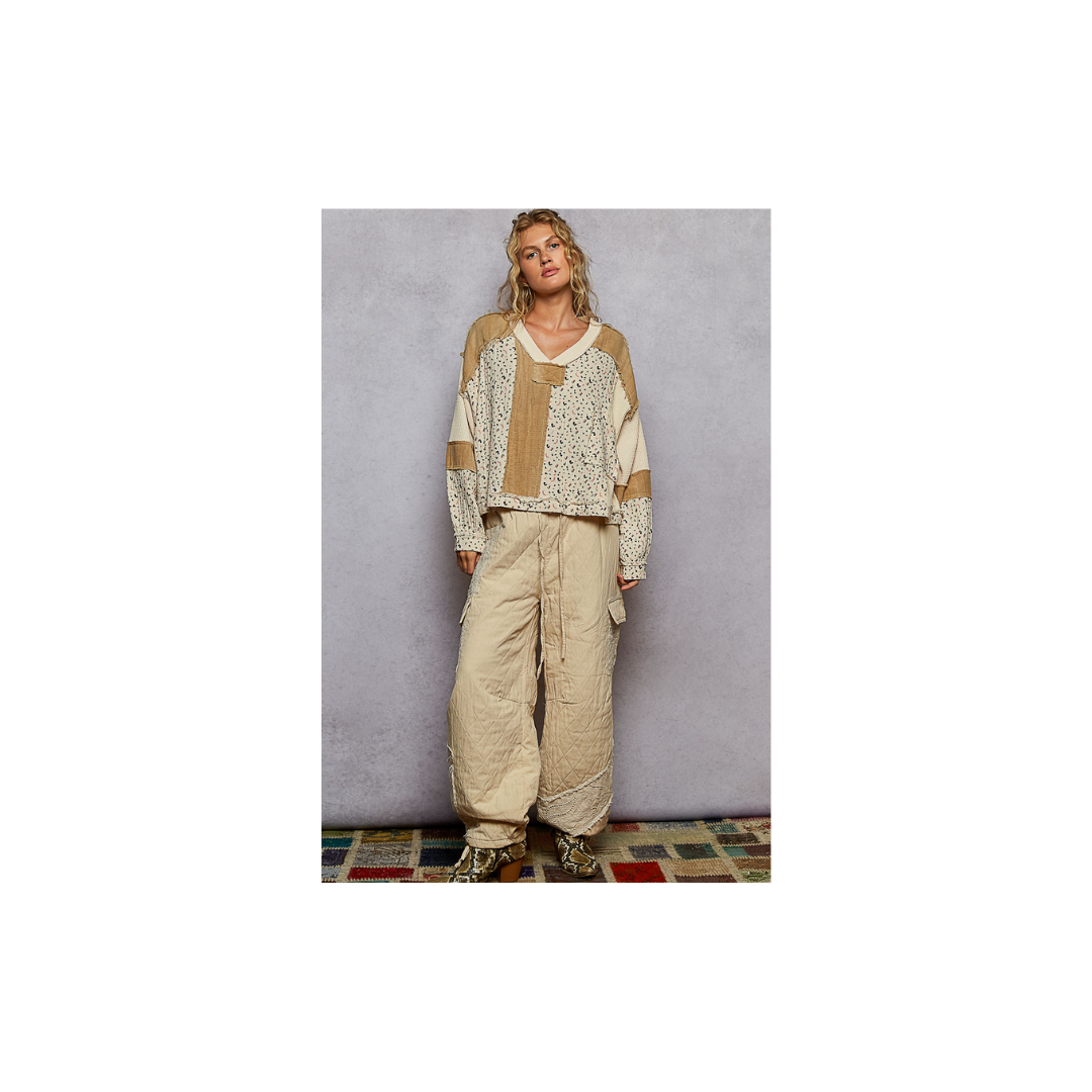 POL Long Sleeve Printed Double Gauze Woven Contrast Knit Top