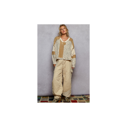 POL Long Sleeve Printed Double Gauze Woven Contrast Knit Top