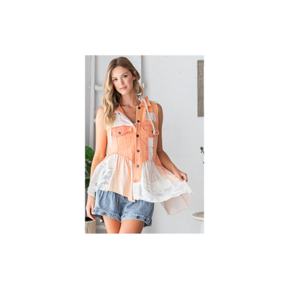 Oli & Hali WASHED MIX MEDIA RUFFLE FLARE HEM HOODED VEST TOP