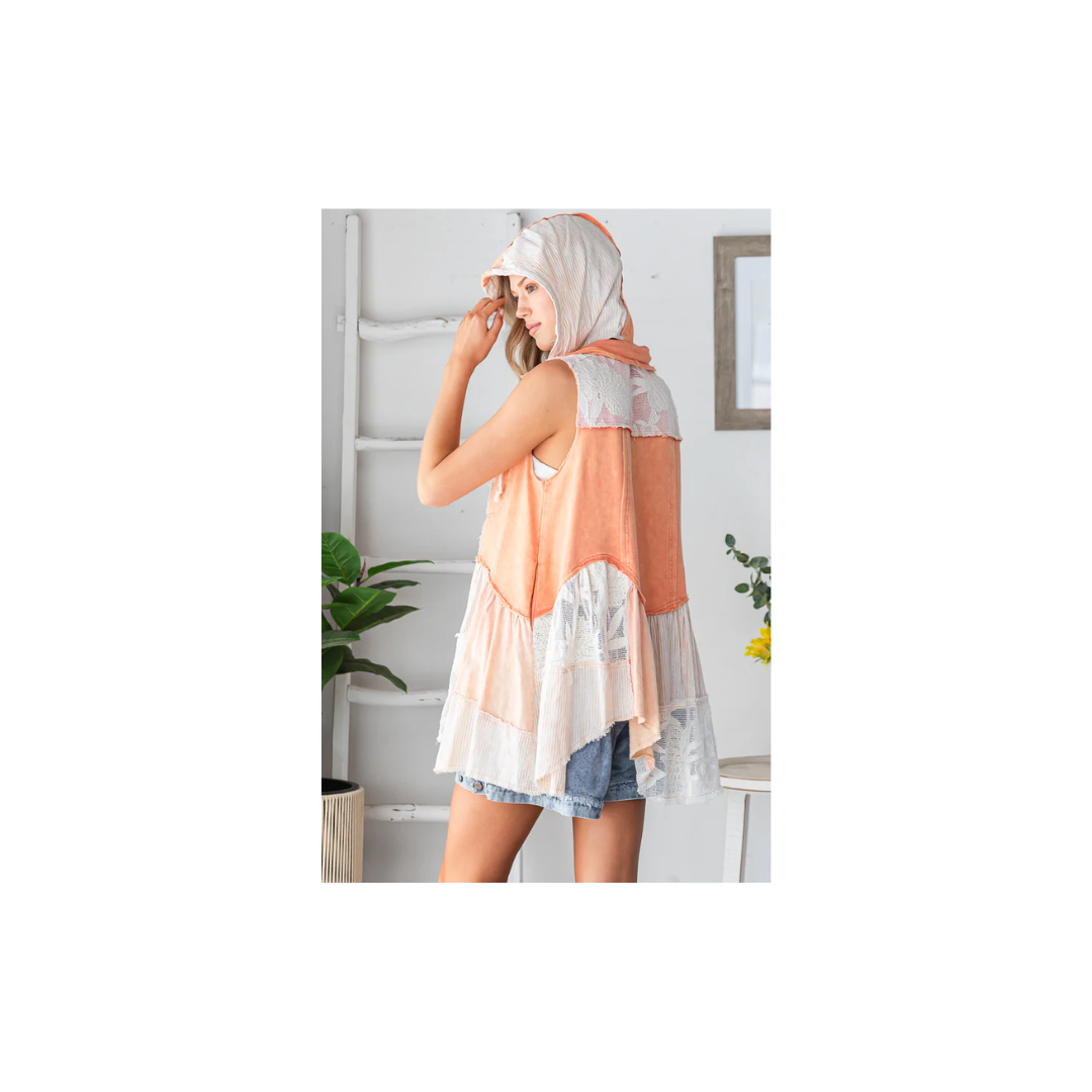 Oli & Hali WASHED MIX MEDIA RUFFLE FLARE HEM HOODED VEST TOP