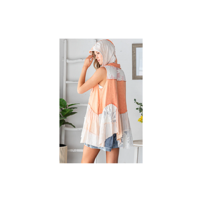 Oli & Hali WASHED MIX MEDIA RUFFLE FLARE HEM HOODED VEST TOP