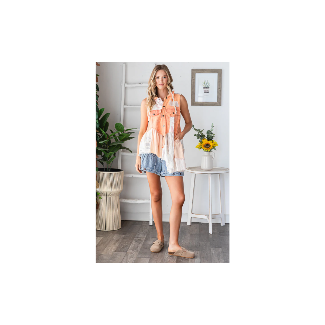 Oli & Hali WASHED MIX MEDIA RUFFLE FLARE HEM HOODED VEST TOP