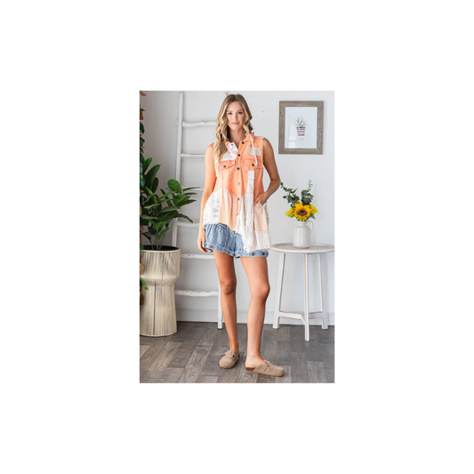 Oli & Hali WASHED MIX MEDIA RUFFLE FLARE HEM HOODED VEST TOP